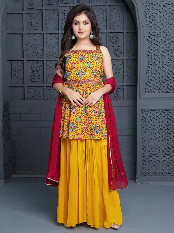 Yellow printed palazzo suit with dupatta