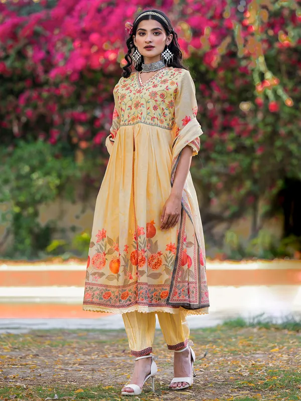 Yellow printed pant set in cotton