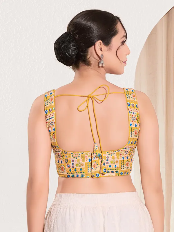 Yellow printed ready made blouse in viscose rayon
