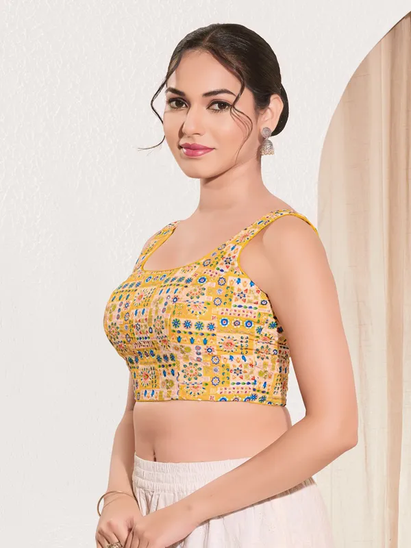 Yellow printed ready made blouse in viscose rayon