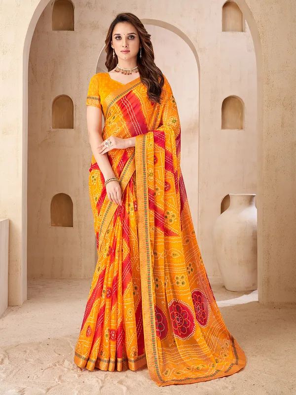 Yellow printed saree in soft gergette