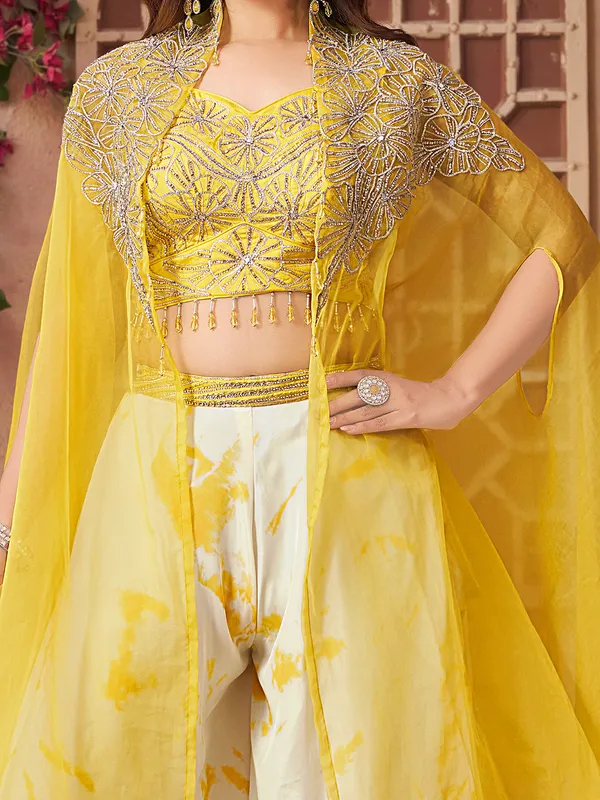 Yellow printed satin silk palazzo suit with shrug