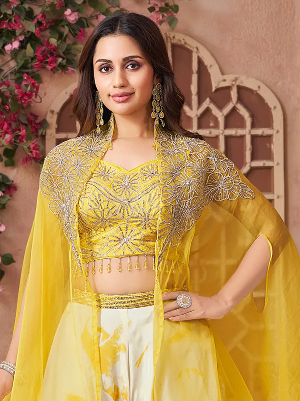 Yellow printed satin silk palazzo suit with shrug