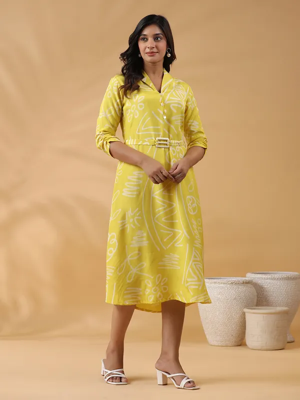 yellow printed silk casual kurti