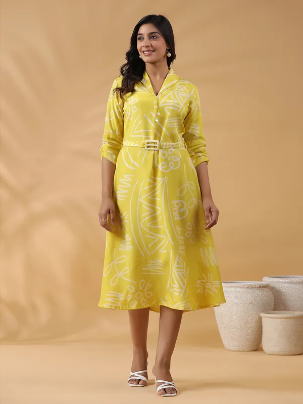 yellow printed silk casual kurti