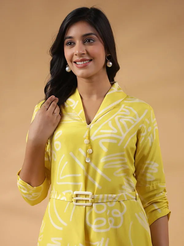 yellow printed silk casual kurti