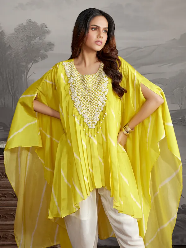 Yellow printed silk dhoti salwar suit