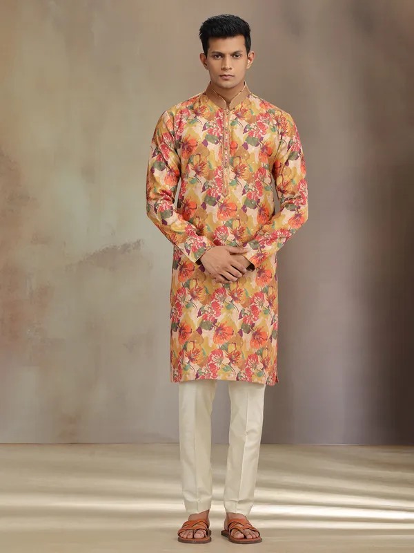Yellow printed jaquard silk kurta pajama for festive wear