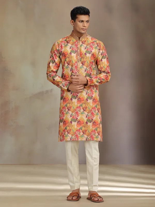 Yellow printed jaquard silk kurta pajama for festive wear