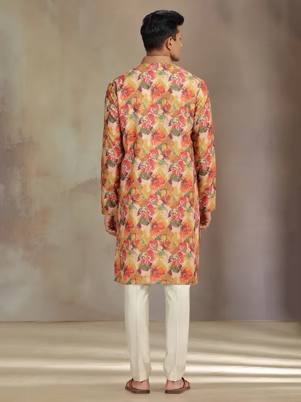 Yellow printed jaquard silk kurta pajama for festive wear