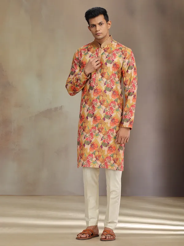 Yellow printed jaquard silk kurta pajama for festive wear