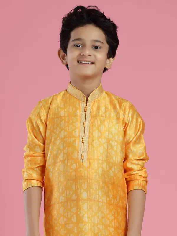 Yellow printed silk kurta suit for festivals