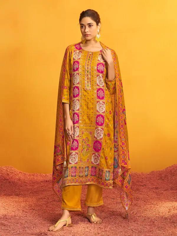 Yellow printed silk kurti set for festive wear