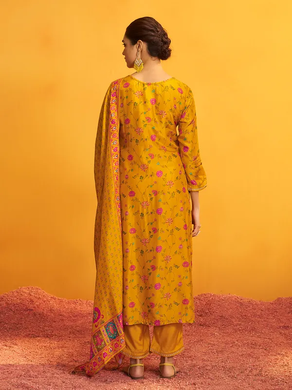 Yellow printed silk kurti set for festive wear