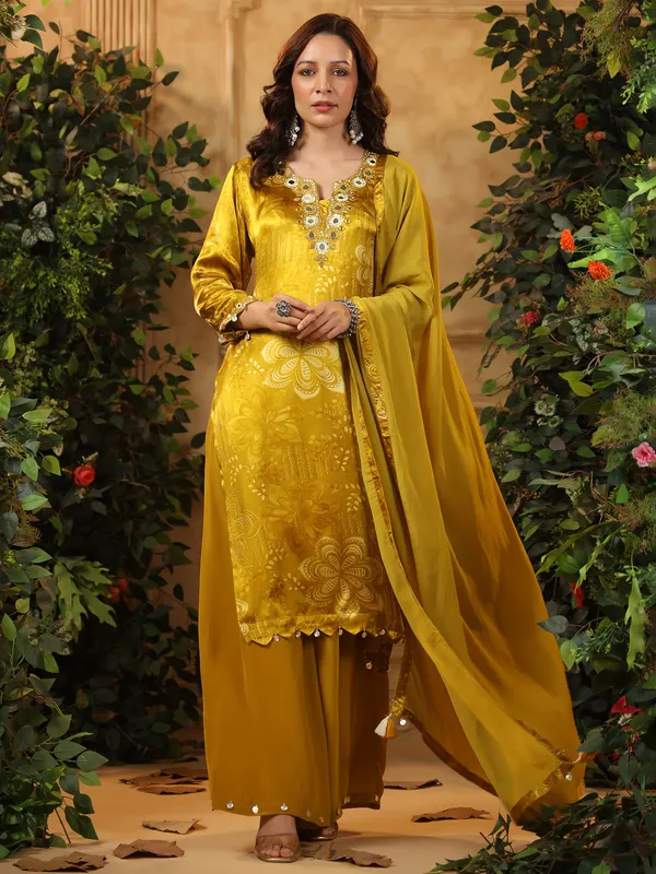 Yellow printed silk kurti set with dupatta
