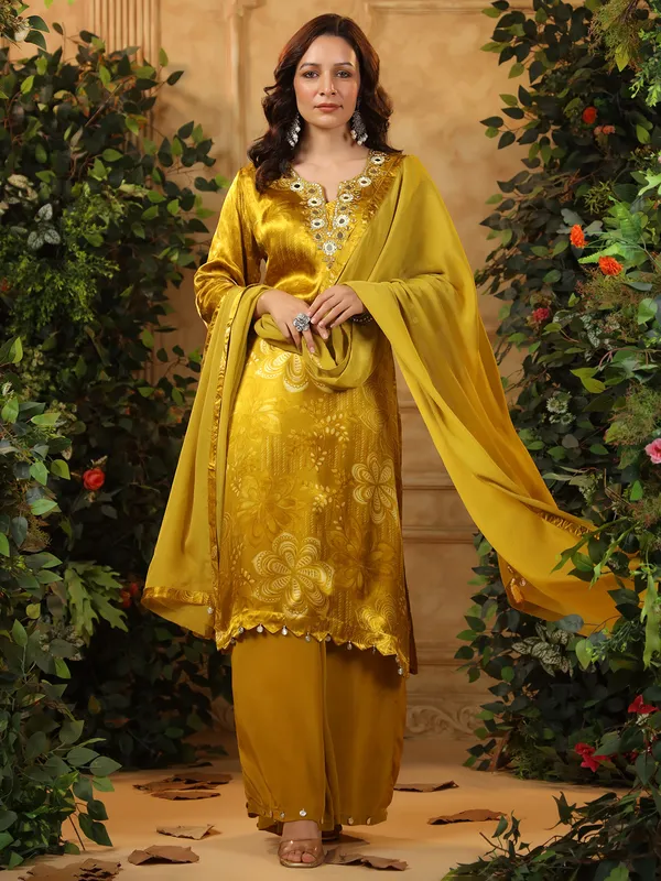 Yellow printed silk kurti set with dupatta