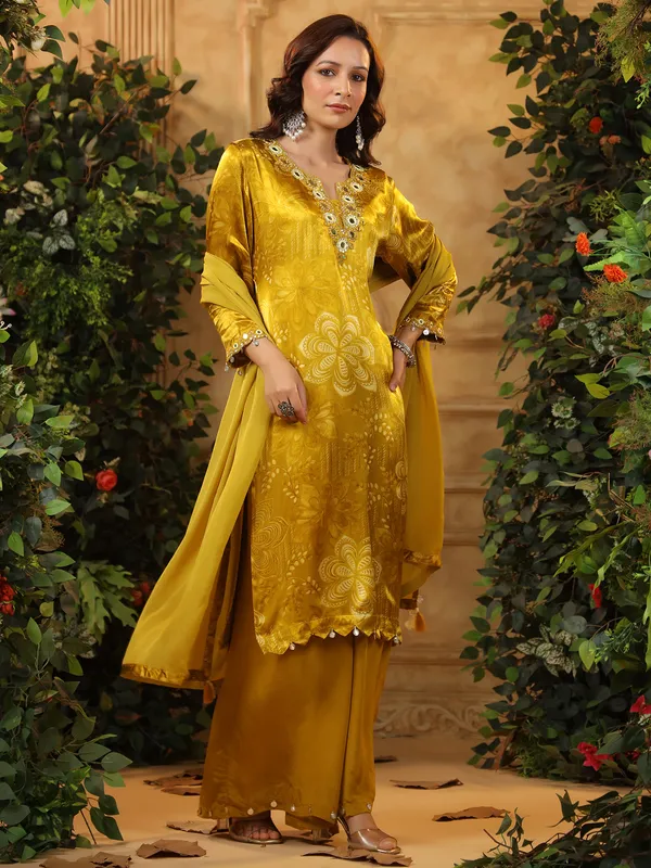Yellow printed silk kurti set with dupatta