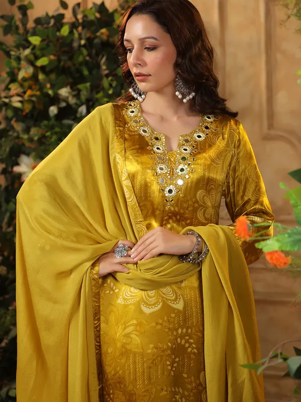 Yellow printed silk kurti set with dupatta