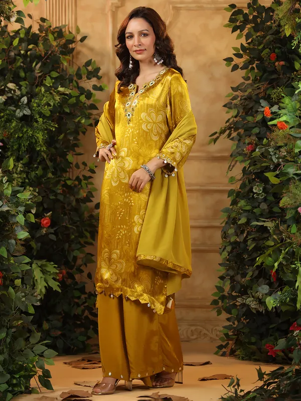 Yellow printed silk kurti set with dupatta
