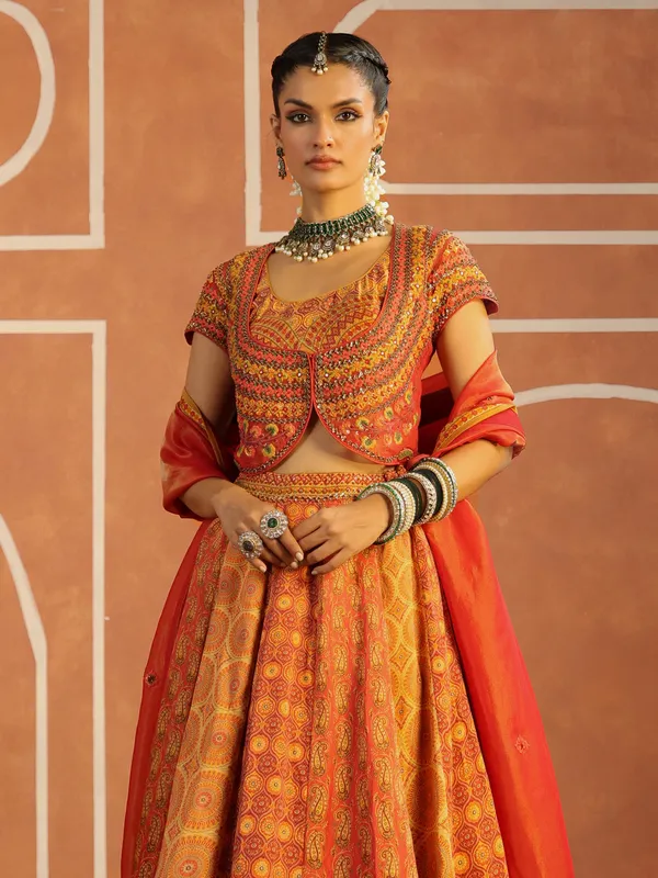 Yellow printed silk lehenga choli with dupatta