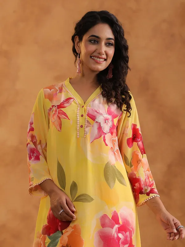 Yellow printed silk palazzo kurti set
