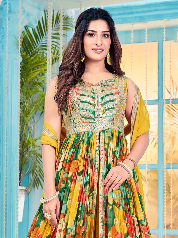 Yellow printed silk palazzo suit for festival