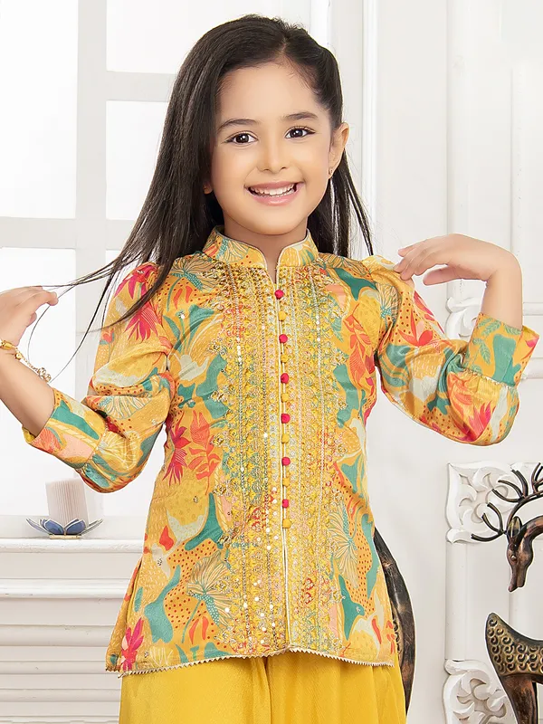 Yellow printed silk palazzo suit for girls