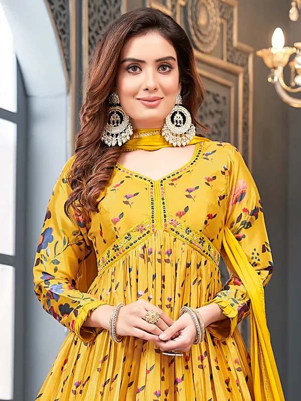 Yellow printed silk salwar suit for women