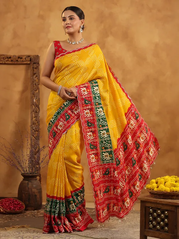 Yellow printed silk saree for festive gatherings