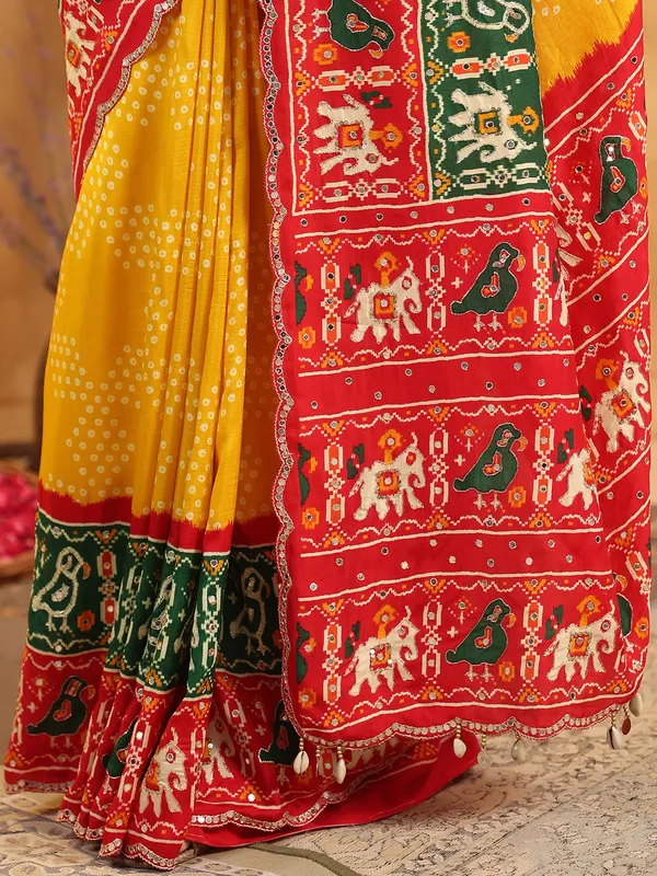 Yellow printed silk saree for festive gatherings