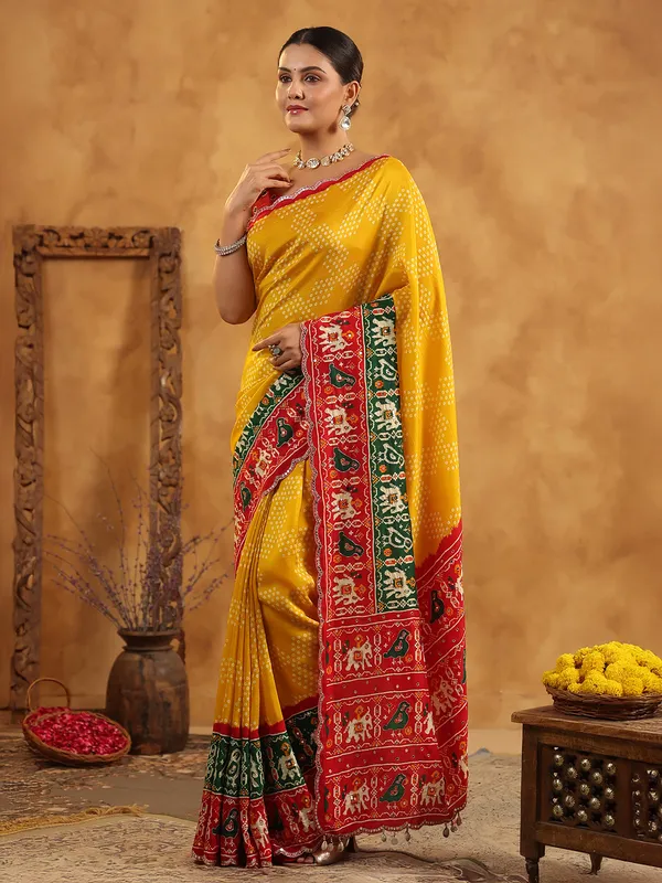 Yellow printed silk saree for festive gatherings