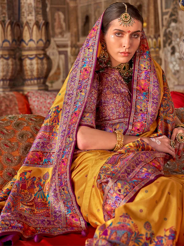 Yellow printed silk saree for women