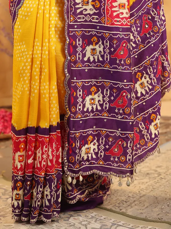 Yellow printed silk saree with sequins work