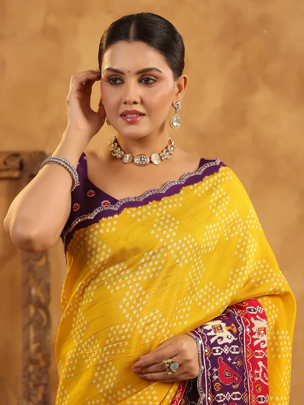 Yellow printed silk saree with sequins work