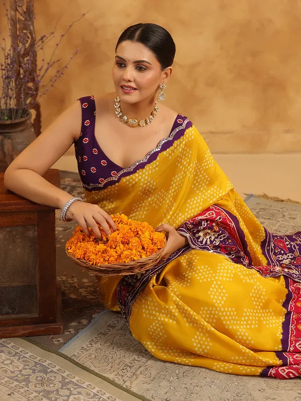 Yellow printed silk saree with sequins work