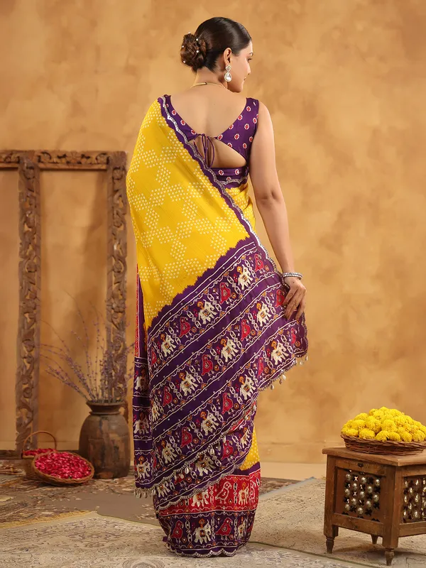 Yellow printed silk saree with sequins work
