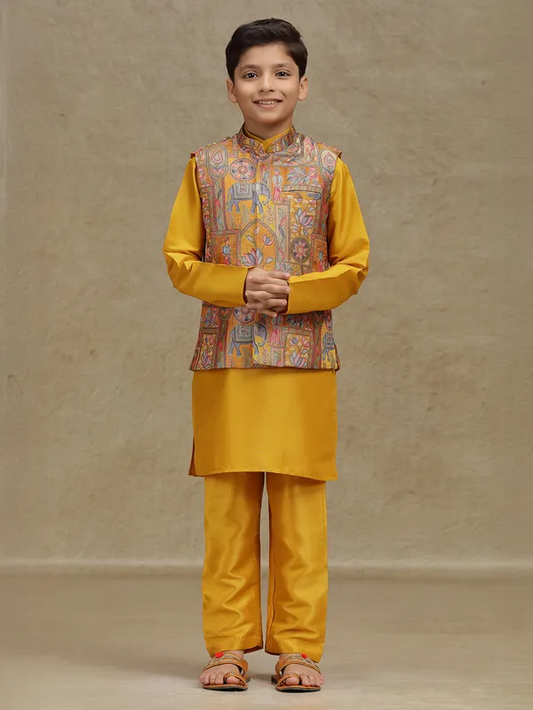 Yellow printed silk waistcoat set for boys
