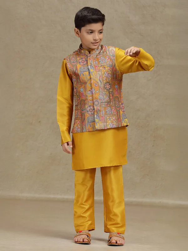 Yellow printed silk waistcoat set for boys