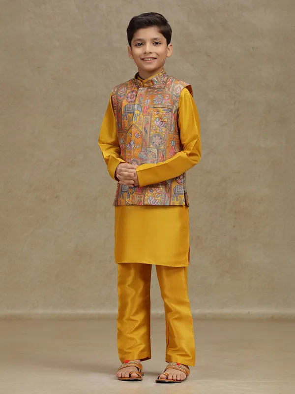Yellow printed silk waistcoat set for boys