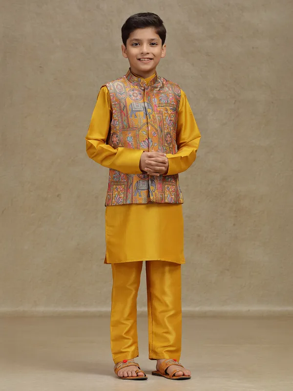 Yellow printed silk waistcoat set for boys
