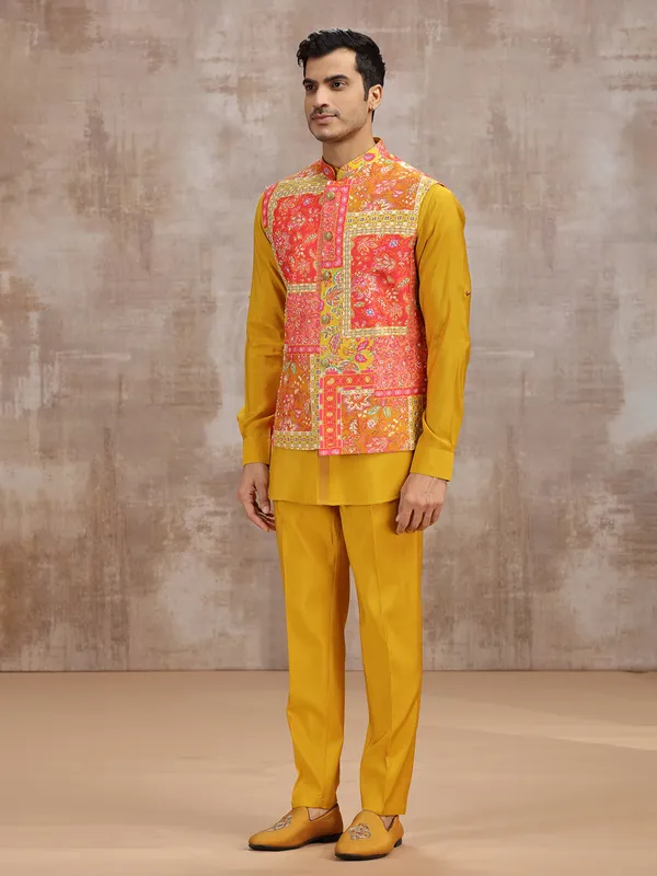 Yellow printed silk waistcoat set for haldi