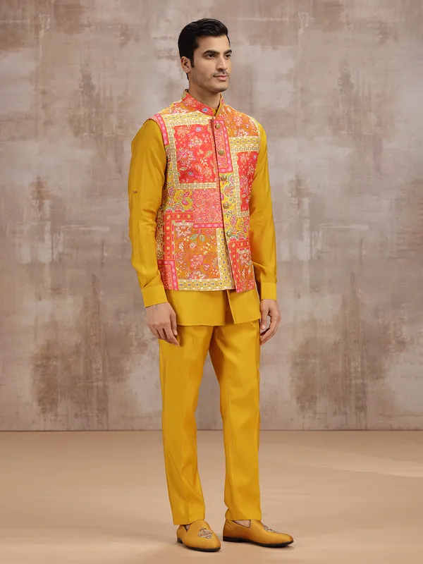 Yellow printed silk waistcoat set for haldi