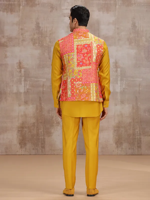 Yellow printed silk waistcoat set for haldi