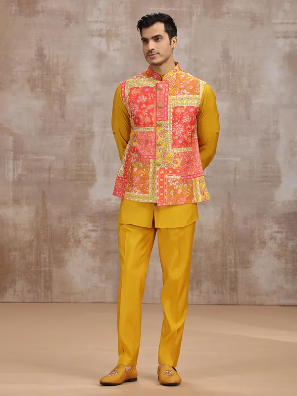 Yellow printed silk waistcoat set for haldi