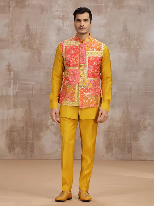 Yellow printed silk waistcoat set for haldi