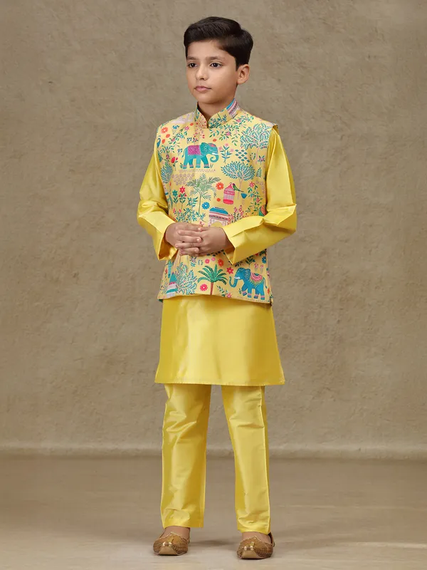 Yellow printed silk waistcoat set with resham work