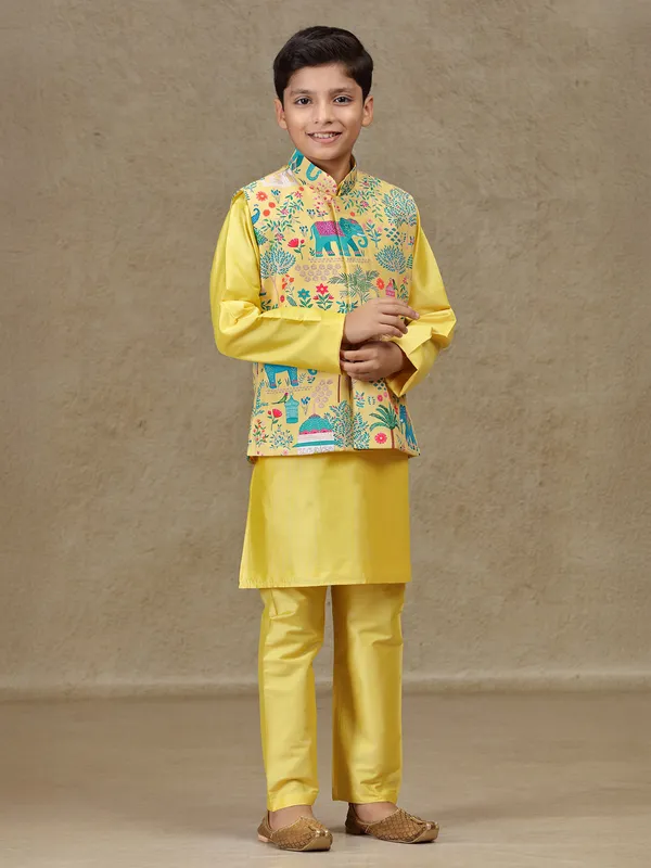 Yellow printed silk waistcoat set with resham work