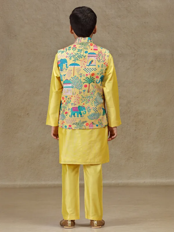 Yellow printed silk waistcoat set with resham work