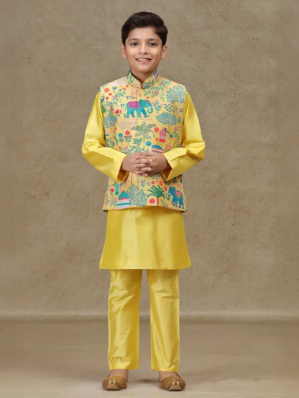 Yellow printed silk waistcoat set with resham work