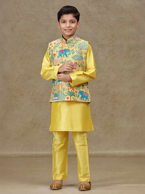 Yellow printed silk waistcoat set with resham work